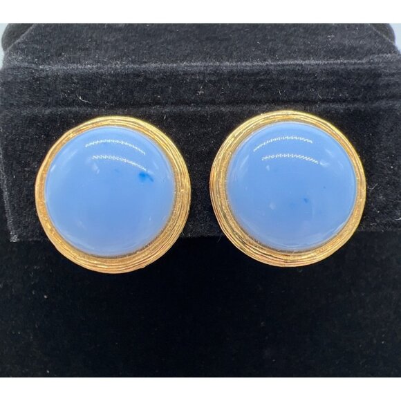 Vintage Liz Claiborne Blue Cabochon Clip-On Earrings Gold-Tone Round Design - Picture 2 of 8